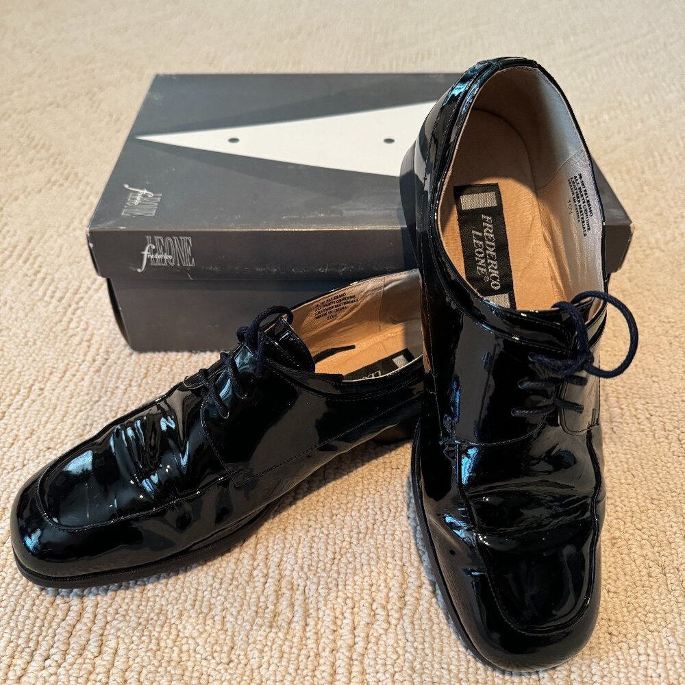 Frederico Leone Black Patent Leather Mens Lace-Up Tuxedo Shoes; Size 10